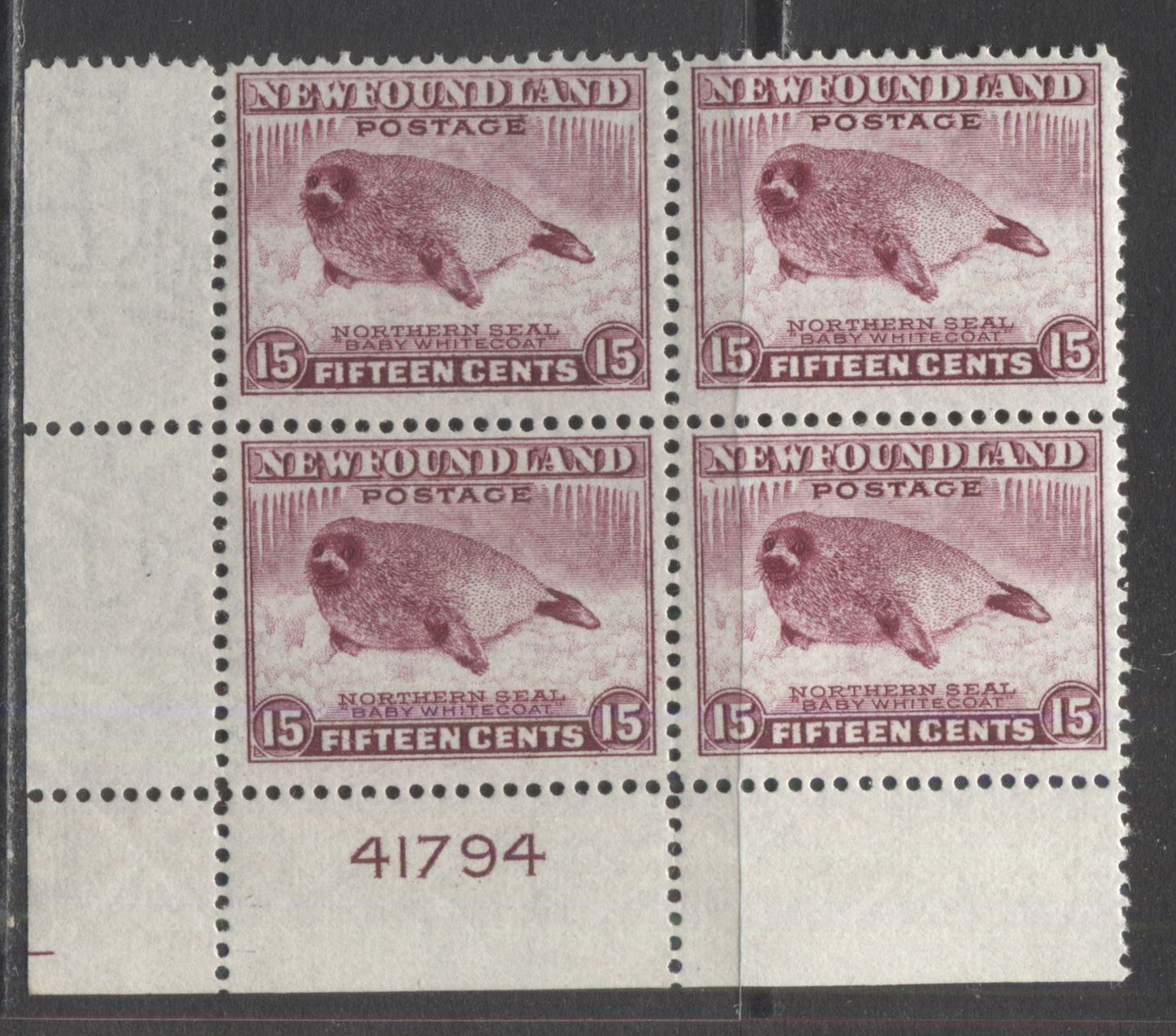 Lot 234 Newfoundland #262 15c Pale Rose Violet Harp Seal Pup, 1941-1944 Resources Re-Issue, A FNH LL Plate 41794 Block Of 4