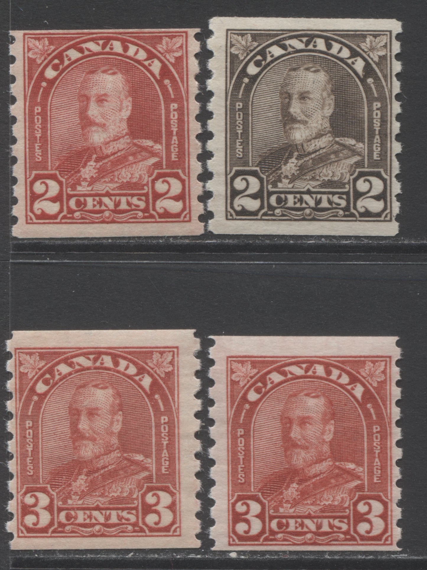 Lot 234 Canada #181-183 2c - 3c Deep Red & Brown King George V, 1930-1931 Arch/Leaf Coil Issue, 4 FOG Coil Singles Showing Additional Shades & Gums