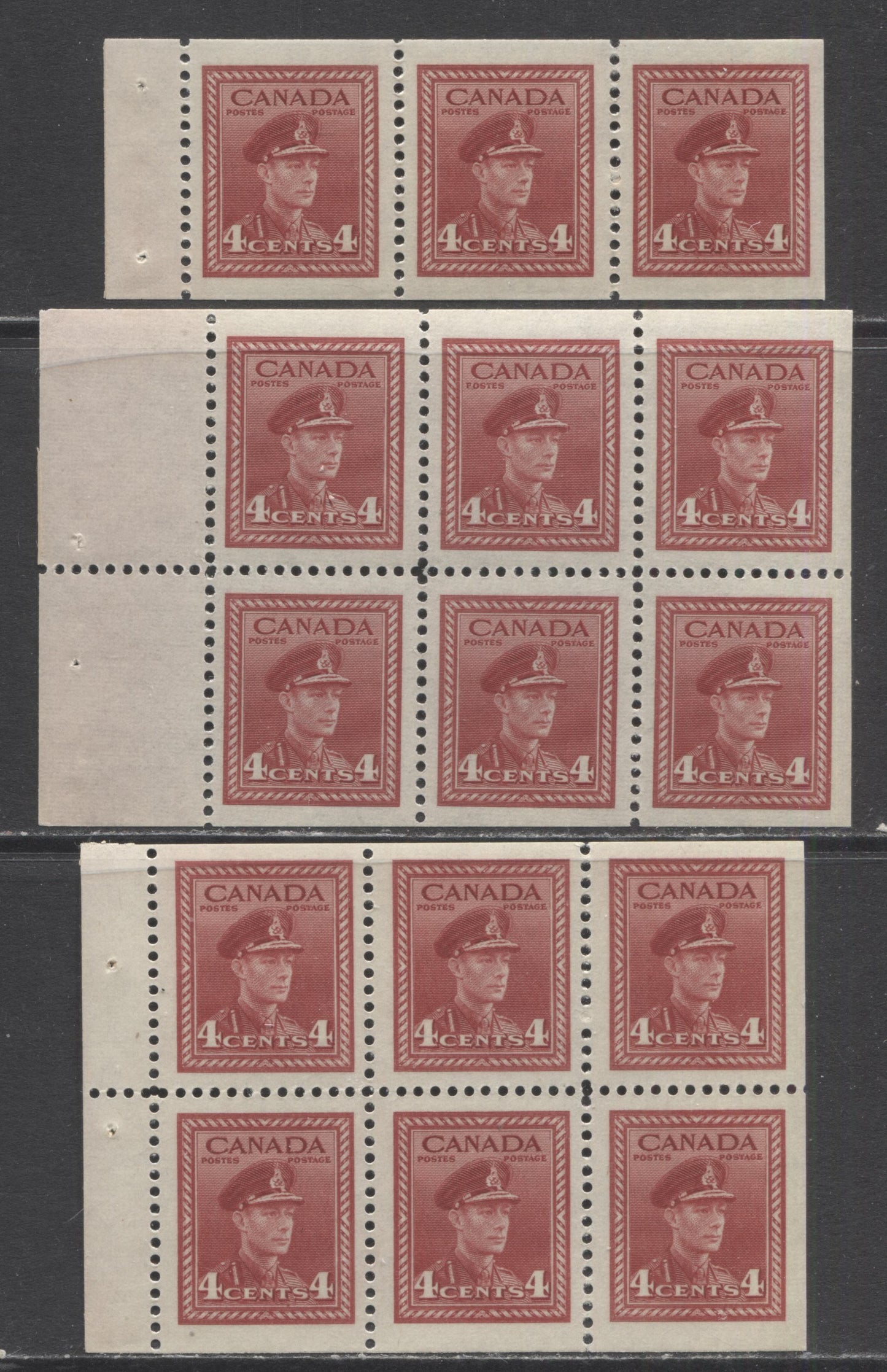 Lot 234 Canada #245a,ai,c 4c - 8c Dark Carmine King George VI, 1942-1943 War Issue, 3 VFNH Booklet Panes Of 3 & 6 On Horizontal & Vertical Wove Papers With Cream Gum