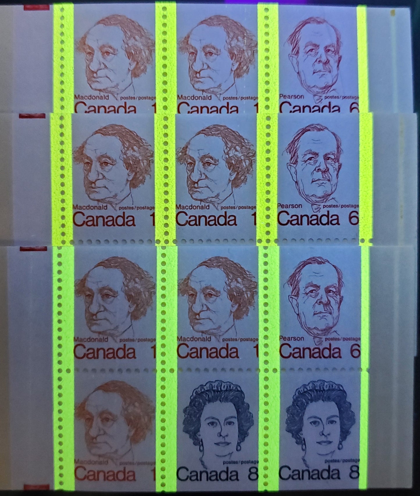 Canada #BK74g,q, 1972-1978 Caricature Issue, 3 Complete 25c Booklets, Dead Covers, DF/DF, LF/LF & DF/DF Vertical Ribbed