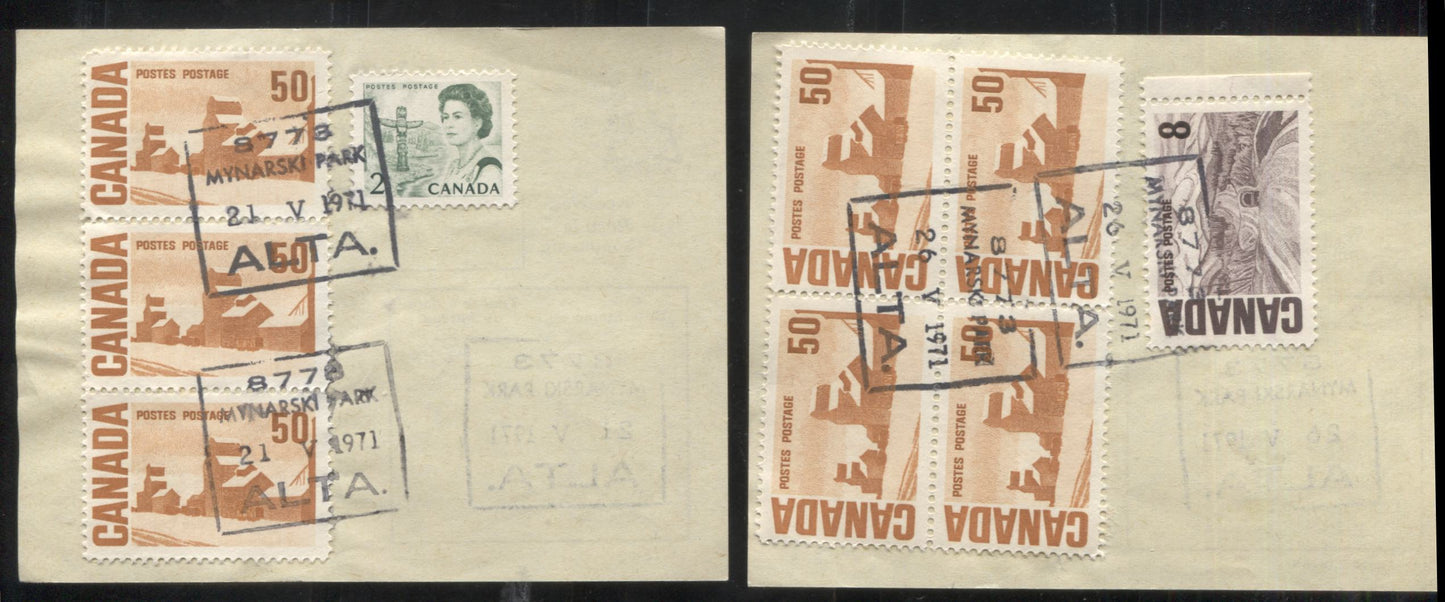 Lot 235 Canada #465A, 455 And 461 50c 2c And 8c Brown Orange, Green And Violet Brown Summer's Stores, Queen Elizabeth II And Alaska Highway, 1967-1973 Centennial Definitive Issue, A Pair Of Bulk Mailing Receipts From Minarski, AB