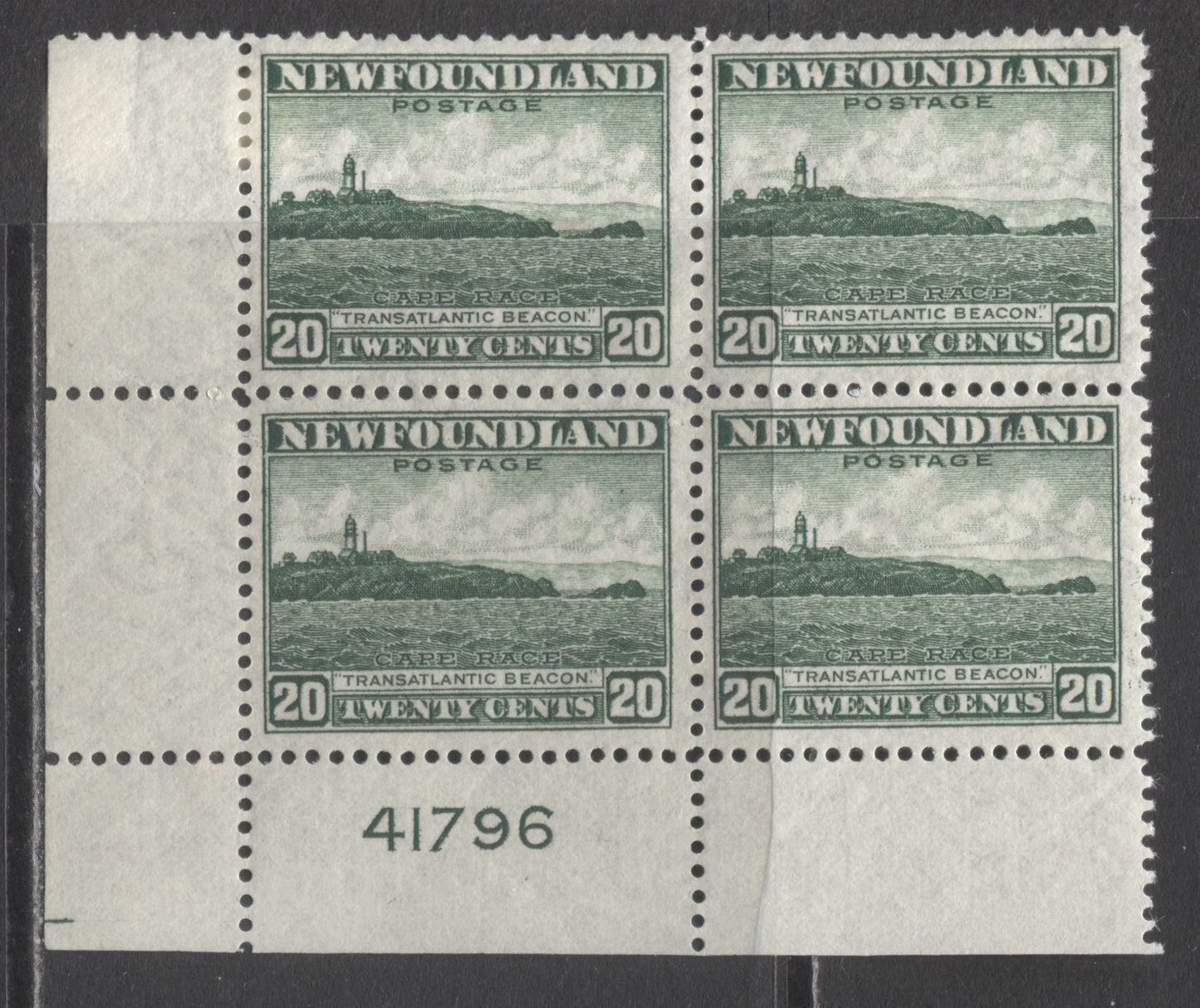 Lot 235 Newfoundland #263 20c Green Cape Race, 1941-1944 Resources Re-Issue, A FNH LL Plate 41796 Block Of 4