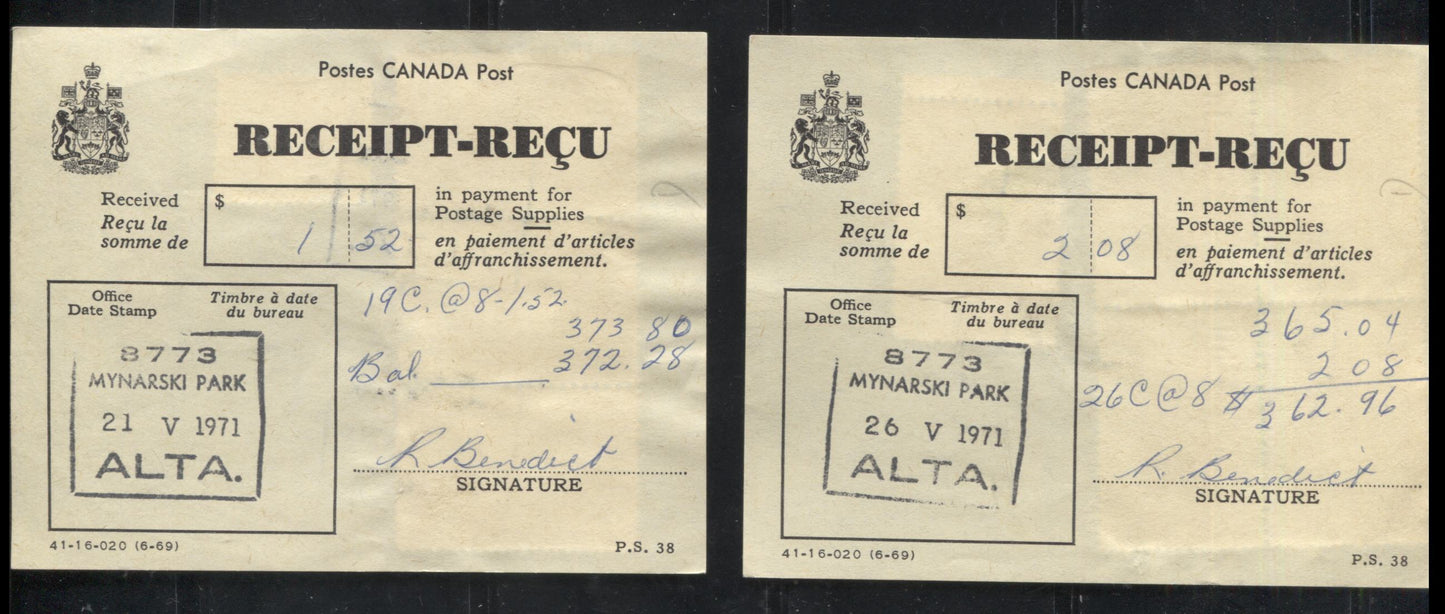 Lot 235 Canada #465A, 455 And 461 50c 2c And 8c Brown Orange, Green And Violet Brown Summer's Stores, Queen Elizabeth II And Alaska Highway, 1967-1973 Centennial Definitive Issue, A Pair Of Bulk Mailing Receipts From Minarski, AB