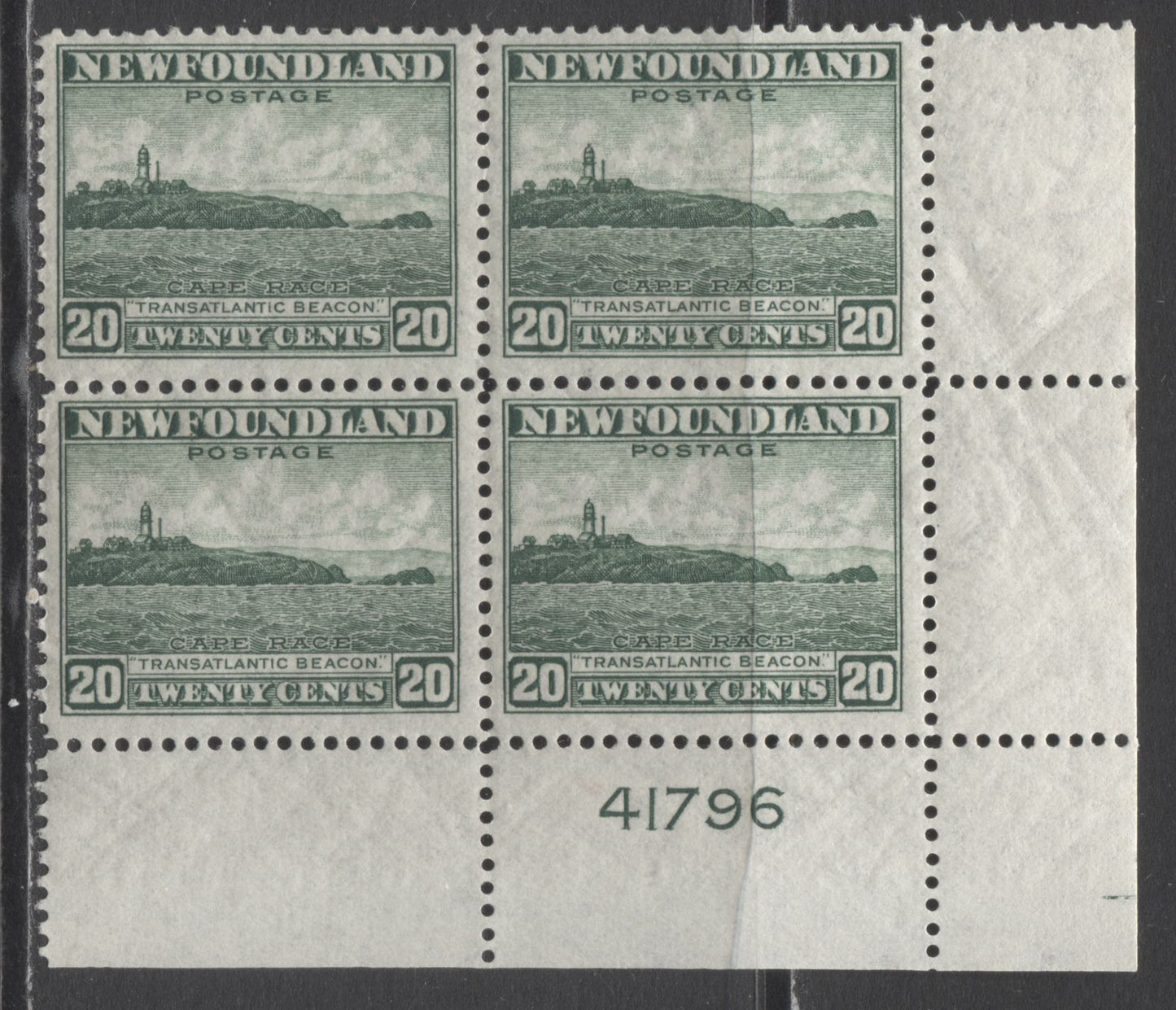 Lot 236 Newfoundland #263 20c Green Cape Race, 1941-1944 Resources Re-Issue, A FNH LR Plate 41796 Block Of 4