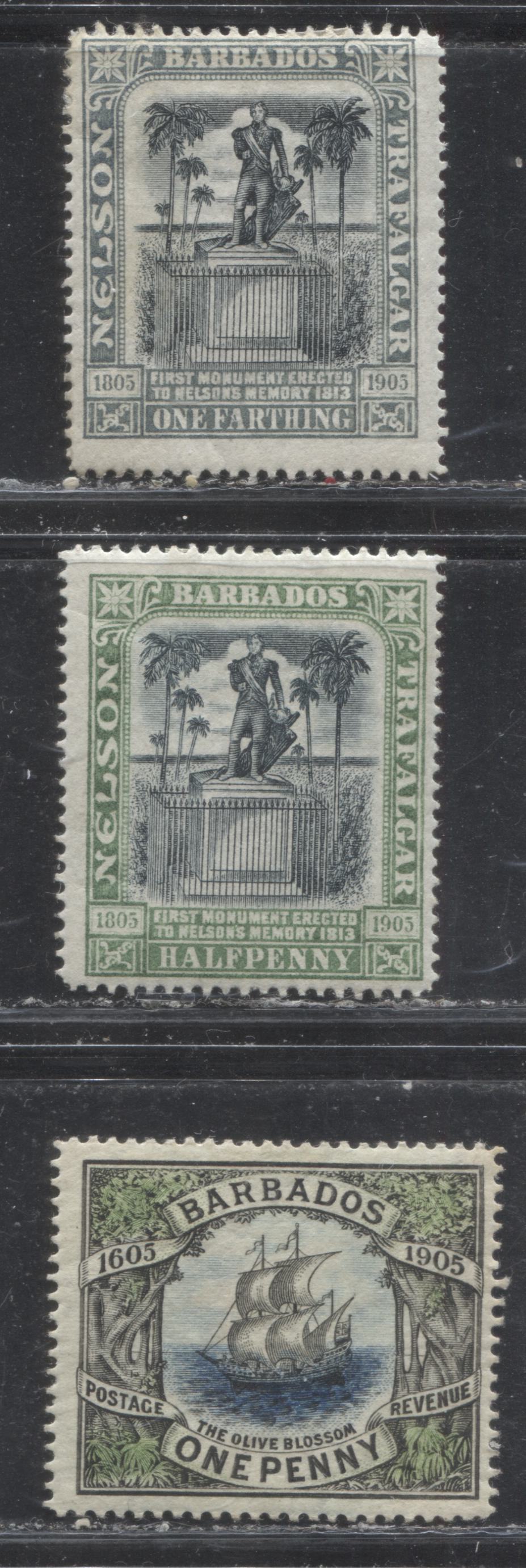 Lot 236 Barbados SG#145-146 1/4d - 1d Grey & Black - Blue, Green & Black Nelson Statue & Olive Blossom, 1906 Nelson Centenary & Tercentenary Issues, 3 Fine OG Singles, Crown CC and Multiple Crown CA Watermarks