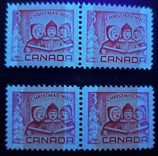 Lot 47 Canada #476pvar 3c Carmine Children Carolling, 1967 Christmas, 2 VFNH Pairs With Wide & Normal Tag Bars With Bluish White Tagging,