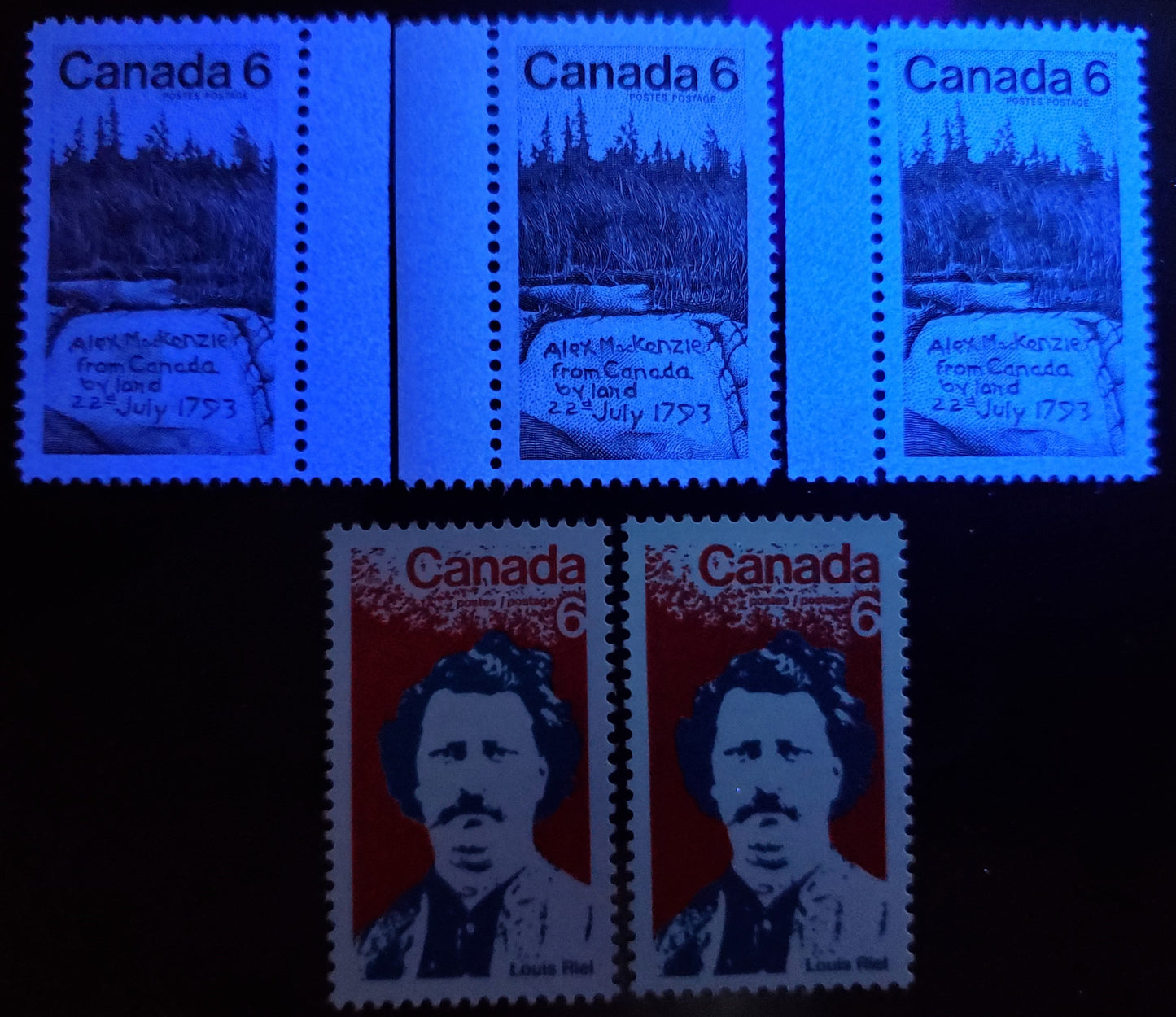Canada #515-516 6c Red and Bright Blue & Brown Louis Riel & Carved Inscription, 1970 Louis Riel & Sir Alexander Mackenzie Issues, 10 VFNH Singles On Different Smooth & Vertcal Ribbed Papers