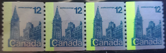 Lot 11 Canada #729T5 12c Blue Parliament, 1977-1978 First-Class Definitives - Coil Stamp Issue, A VFNH Strip Of 4 On LF Paper With All Stamps Having G2aC Tagging Error $80