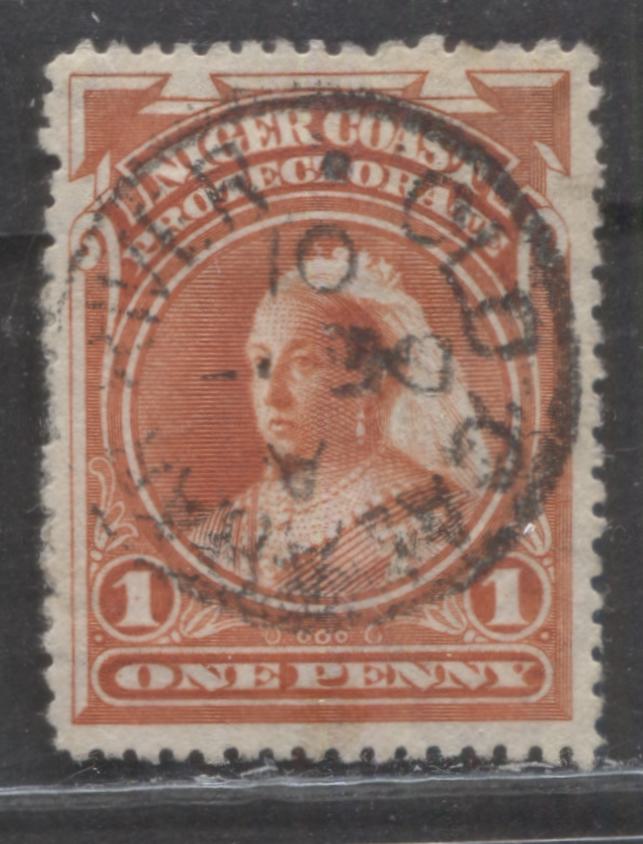 Lot 239 Niger Coast SC#56(SG#67c) One Penny Vermillion 1897 - 1898 Watermarked Issue, Perf 13.5 - 14 comp 12 - 13, A Very Fine Used Example, Click on Listing to See ALL Pictures, Estimated Value $15 USD