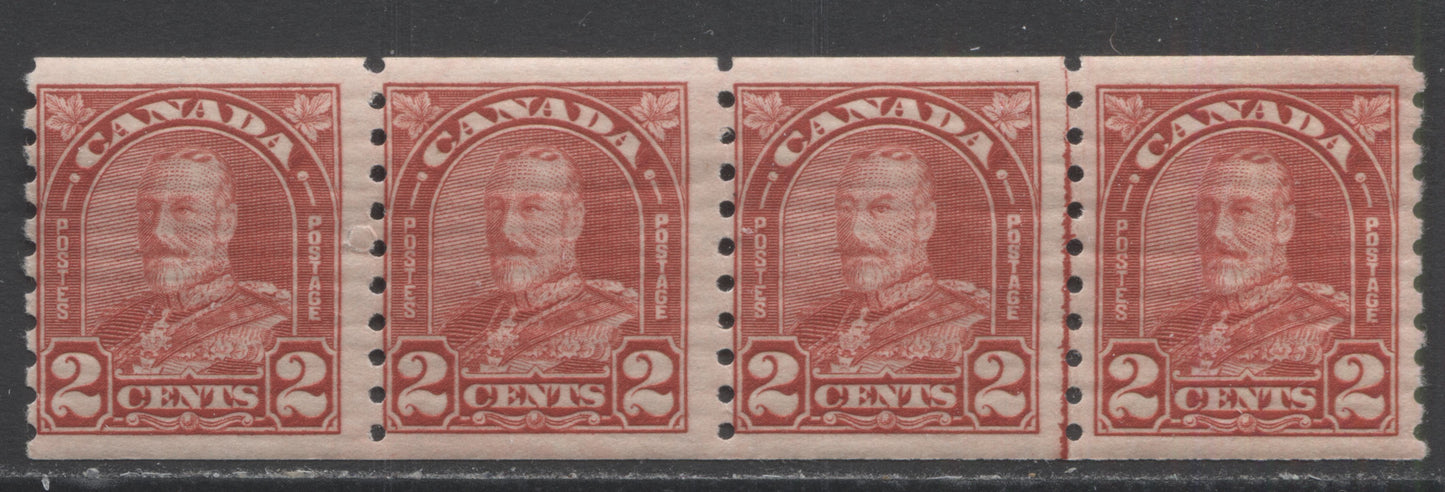 Lot 239 Canada #181iii 2c Deep Red King George V, 1930-1931 Arch/Leaf Coil Issue, A FNH Coil Strip Of 4 Showing The Cockeyed King Variety & 3mm/3.5mm Spacing Between Stamps