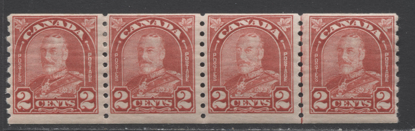 Lot 240 Canada #181iii 2c Deep Red King George V, 1930-1931 Arch/Leaf Coil Issue, A FOG Coil Strip Of 4 Showing The Cockeyed King Variety & Narrow 2.5mm/3mm/3.5mm Spacing Between Stamps