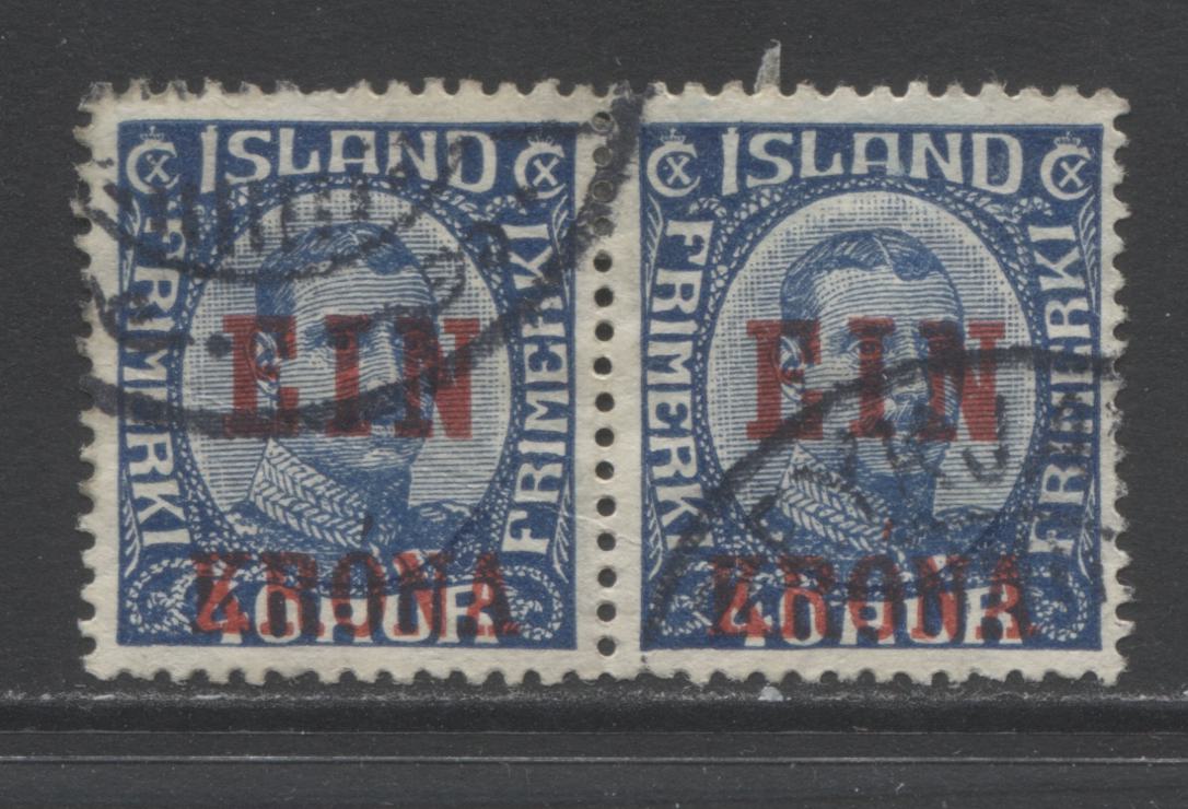 Lot 24 Iceland SC#150 1kr on 40a Dark Blue 1926 Surcharged Definitive Issue, A VG-F Used Example, Click on Listing to See ALL Pictures