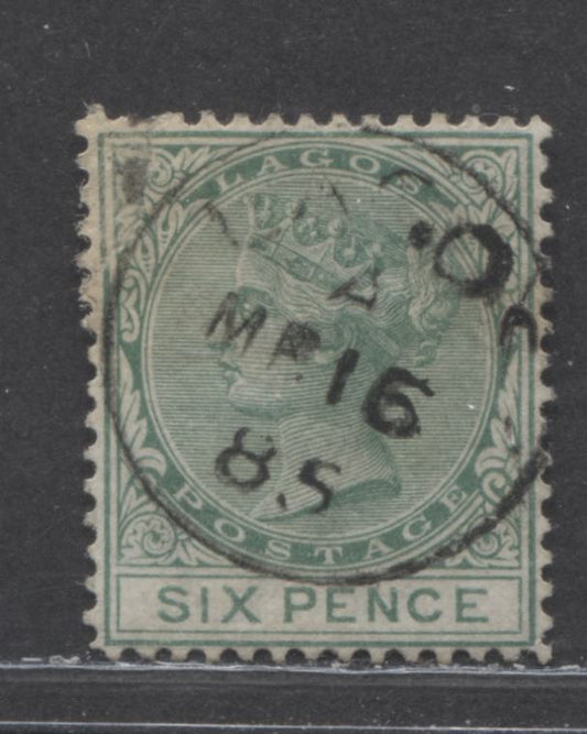 Lot 241 Lagos SG#15 (SC#11) 6d Deep Green, Queen Victoria, 1876-1880 Line Perf. 14 Crown CC Watermarked Issue, 3rd Printing, A Repaired But Scarce CDS Used Example, Net Est $2,  Click on Listing to See ALL Pictures