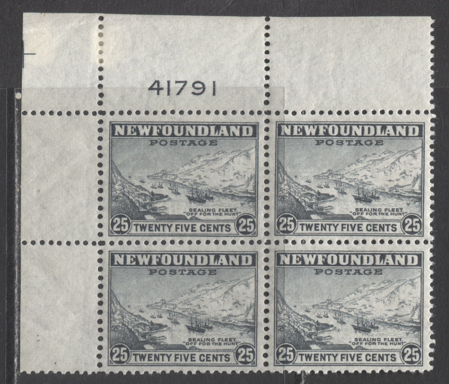 Lot 241 Newfoundland #265 25c Slate Sealing Fleet, 1941-1944 Resources Re-Issue, A VFNH UL Plate 41791 Block Of 4