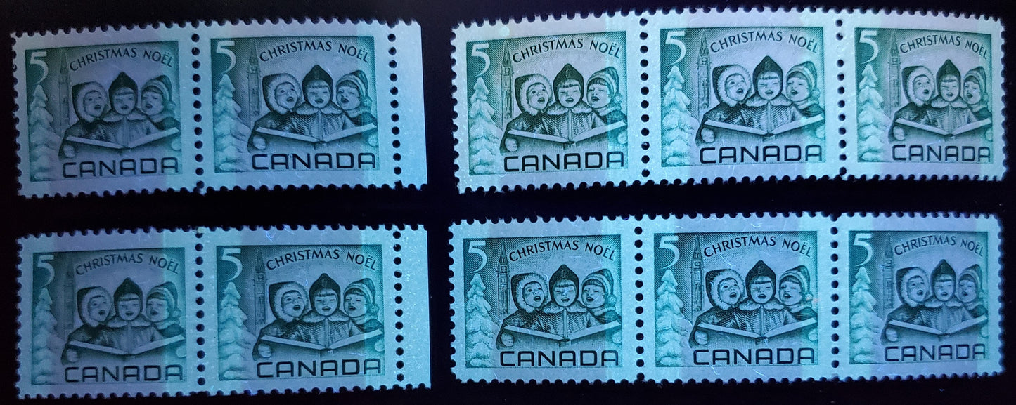Lot 24 Canada #477p 5c Green Children Carolling, 1967 Christmas, 4 VFNH Margin Pairs & Stips Of 4 With Different Tag Bar Widths, Speckled Fluorescent Papers, Bluish White Tagging, Smooth Dex Gum