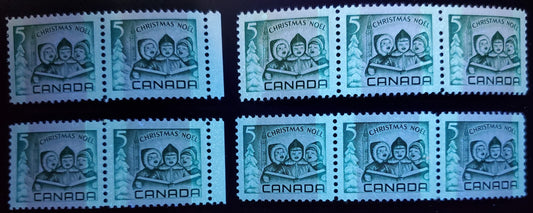 Lot 24 Canada #477p 5c Green Children Carolling, 1967 Christmas, 4 VFNH Margin Pairs & Stips Of 4 With Different Tag Bar Widths, Speckled Fluorescent Papers, Bluish White Tagging, Smooth Dex Gum