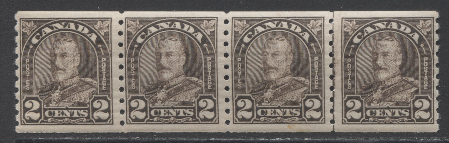 Lot 242 Canada #182iii 2c Dark Brown King George V, 1930-1931 Arch/Leaf Coil Issue, A VFNH Coil Jump Strip Of 4 Showing The Cockeyed King Variety & 2.5mm/3mm/3.5mm Spacing Between Stamps