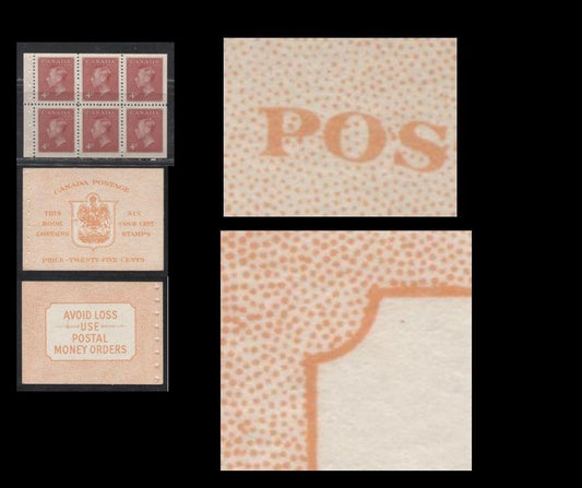 Lot 98 Canada #BK41c 1949-1953 Postes-Postage Issue Complete 25c English Booklet Containing 1 Pane of 6 of the 4c Dark Carmine King George VI Harris Front Cover Type IIi , Back Cover Eiii, No Rate Page, Stitched Binding