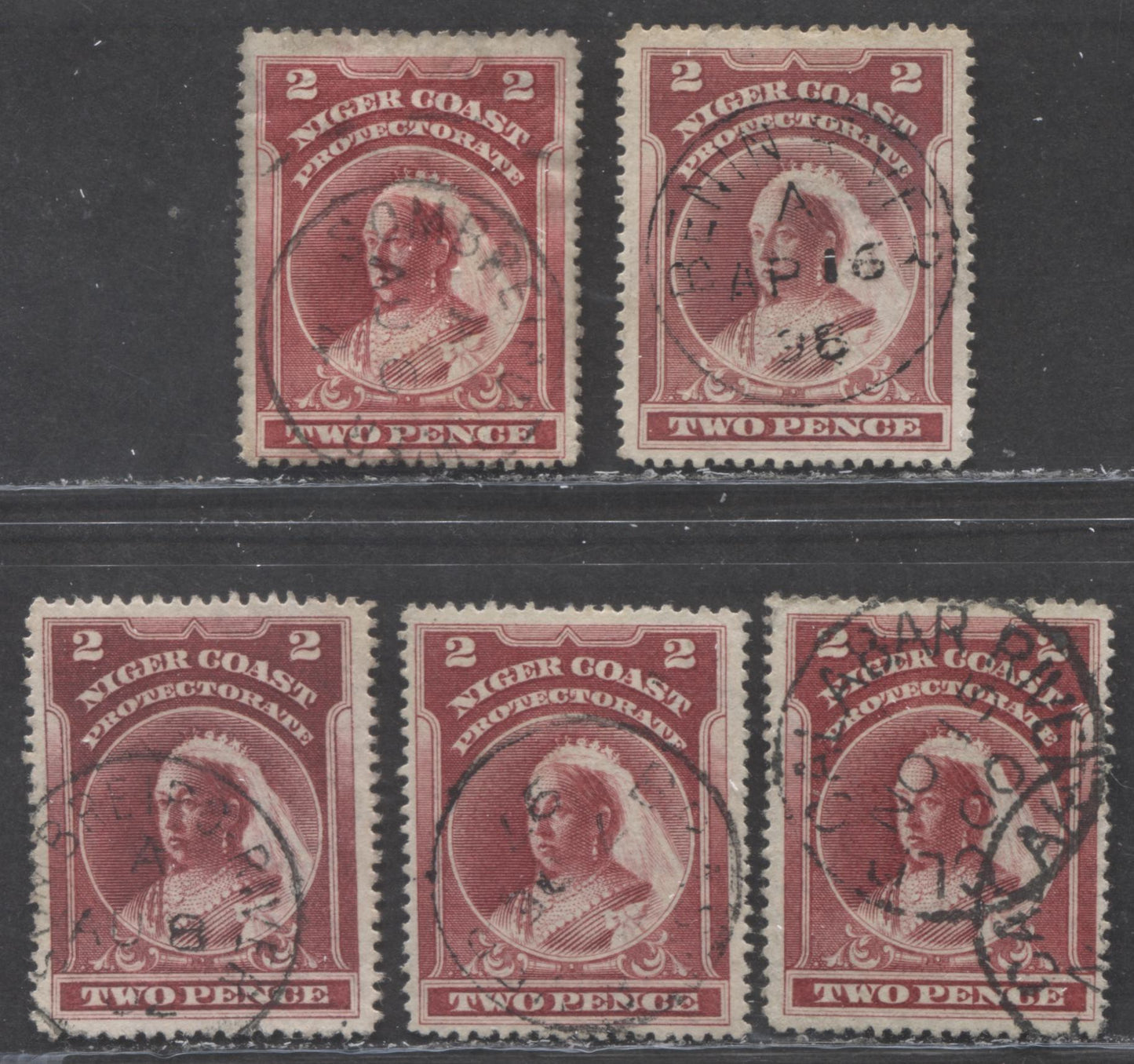 Lot 243 Niger Coast SC#57(SG#68) Two Pence Lake, Carmine Lake, Deep Lake 1897 - 1898 Watermarked Issue, Perf 14.5 - 15, A Fine - Very Fine Used Example, Click on Listing to See ALL Pictures, 2022 Scott Classic Cat. $12.5 USD