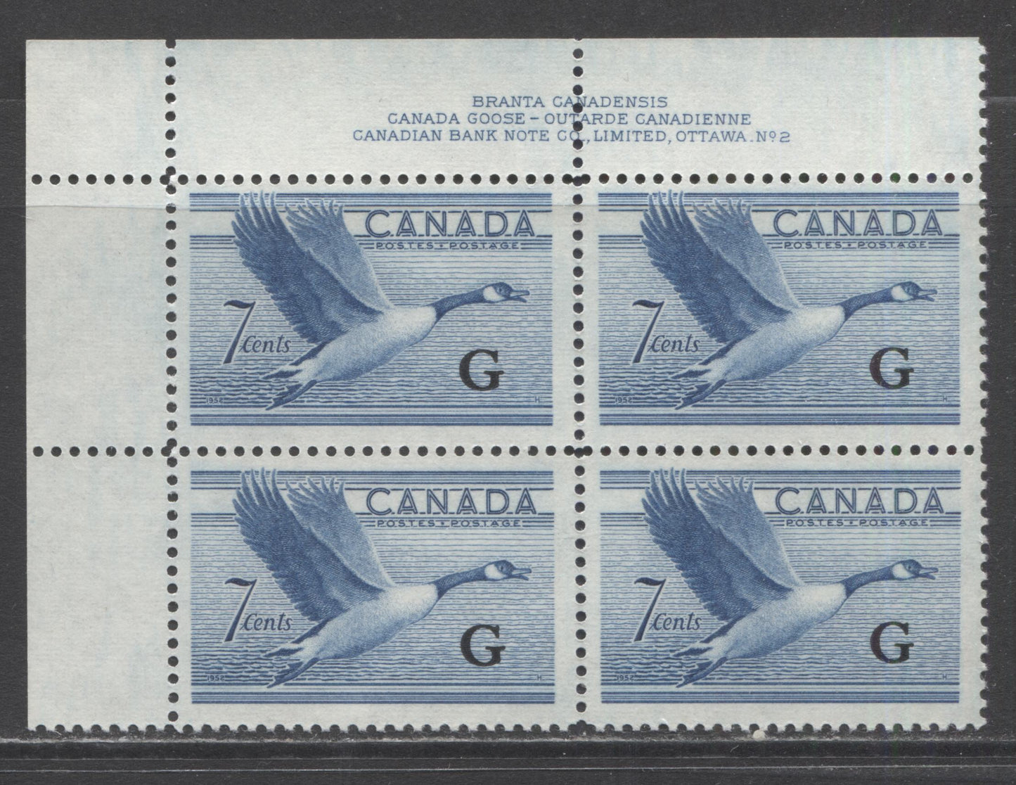 Lot 243 Canada #O31 7c Blue Canada Goose, 1951-1953 Karsh and Wilding Issue With G Overprint, A VFNH UL Plate 2 Block Of 4