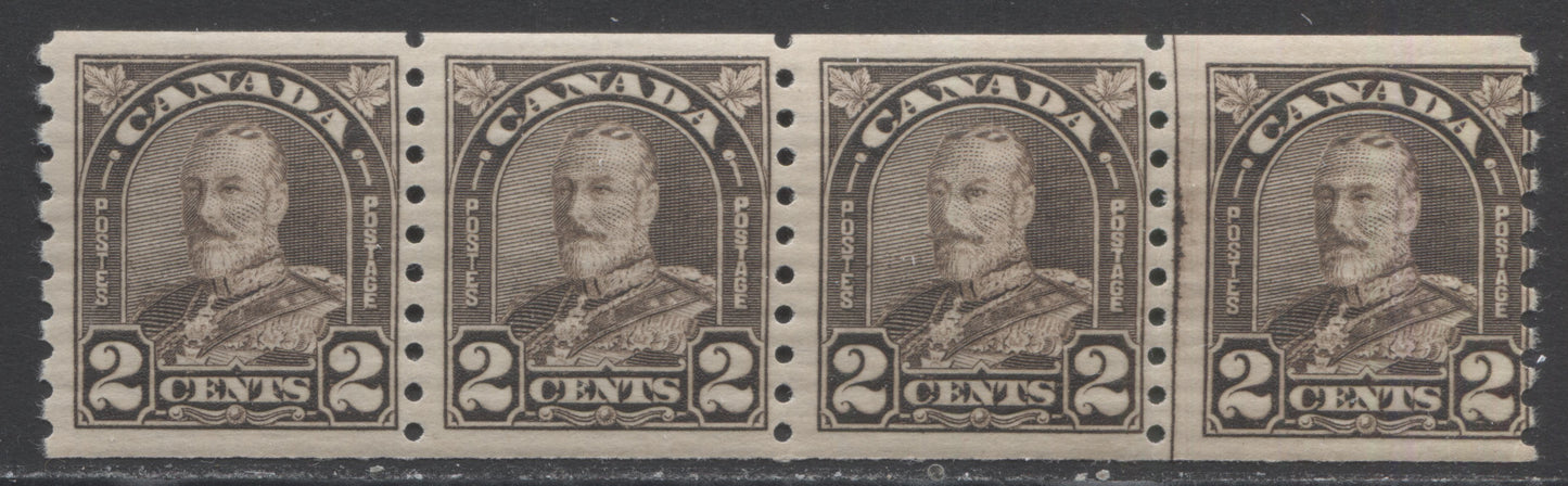 Lot 243 Canada #182iii 2c Dark Brown King George V, 1930-1931 Arch/Leaf Coil Issue, A FNH Coil Jump Strip Of 4 Showing The Cockeyed King Variety & 3mm/3.5mm Spacing Between Stamps