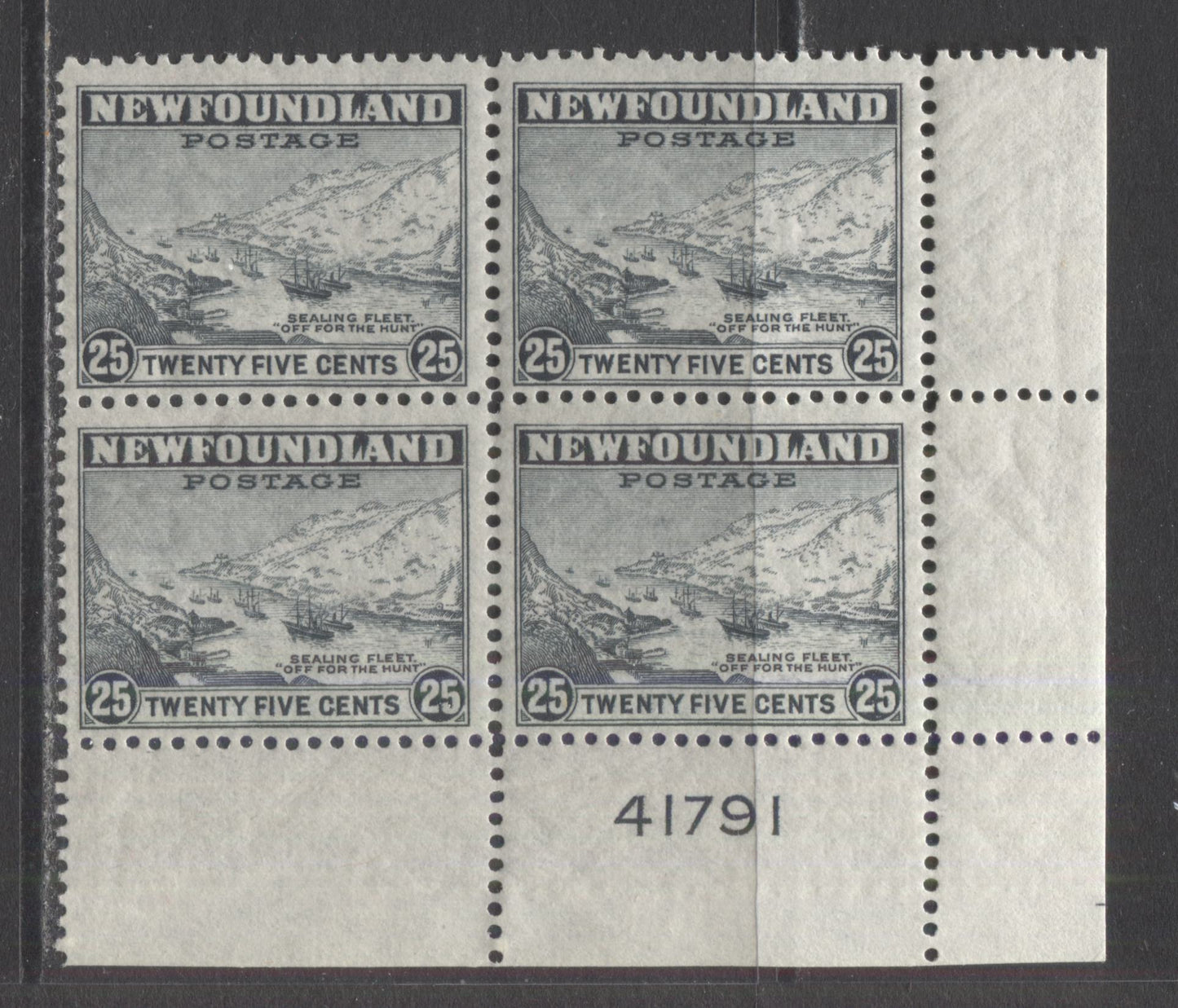 Lot 243 Newfoundland #265 25c Slate Sealing Fleet, 1941-1944 Resources Re-Issue, A FNH LR Plate 41791 Block Of 4