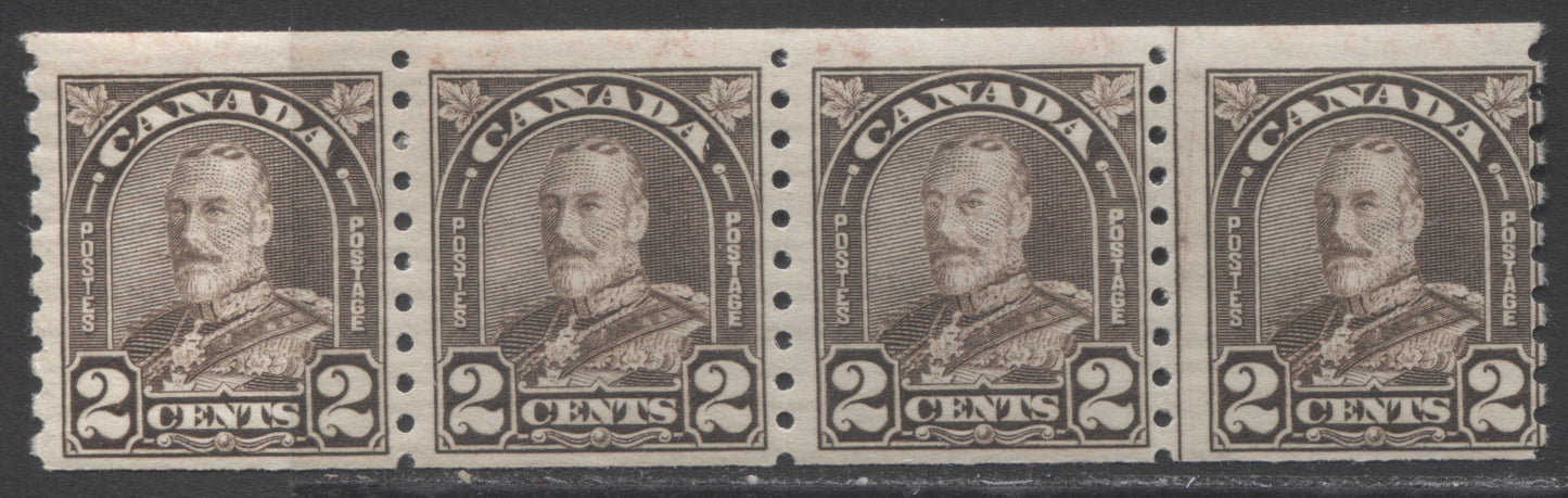 Lot 244 Canada #182iii 2c Dark Brown King George V, 1930-1931 Arch/Leaf Coil Issue, A FOG Coil Jump Strip Of 4 Showing The Cockeyed King Variety & More Pronounced Jump, 2.5,3 & 3.5mm Spacing Between Stamps