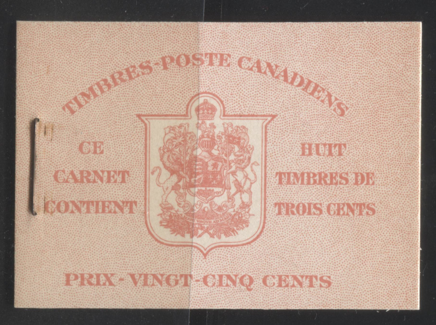 Lot 245 Canada #BK34d (McCann #34h) 1942-1949 War Issue, Complete 25¢ French Booklet, Smooth Vertical Wove Paper, Type II Covers, Harris Front Cover Type IIo, Back Cover Type B, 17 mm Staple, Surcharged Rate Page