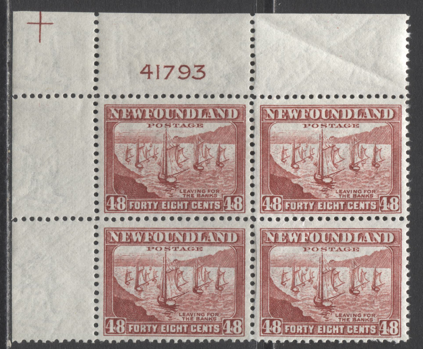 Lot 245 Newfoundland #266 48c Red Brown Fishing Fleet, 1941-1944 Resources Re-Issue, A VFNH UL Plate 41793 Block Of 4