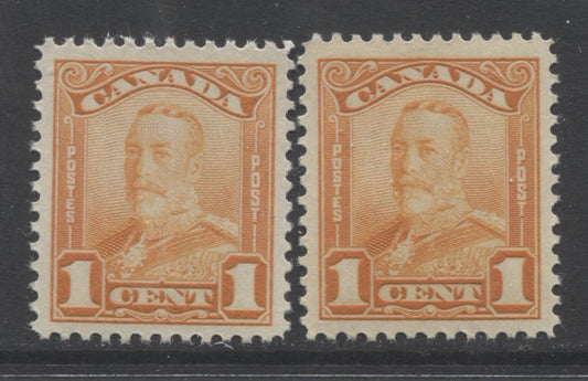 Lot 245 Canada #149 1c Orange King George V, 1928-1928 Scroll Issue, 2 VFNH Singles, Two Slightly Different Shades