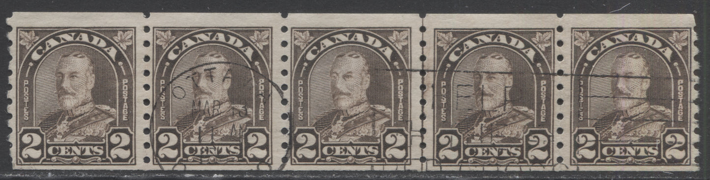 Lot 245 Canada #182iii 2c Dark Brown King George V, 1930-1931 Arch/Leaf Coil Issue, A Fine Used Coil Strip Of 5  Showing The Cockeyed King Variety & 2.5mm/3.5mm 7Spacing Between Stamps