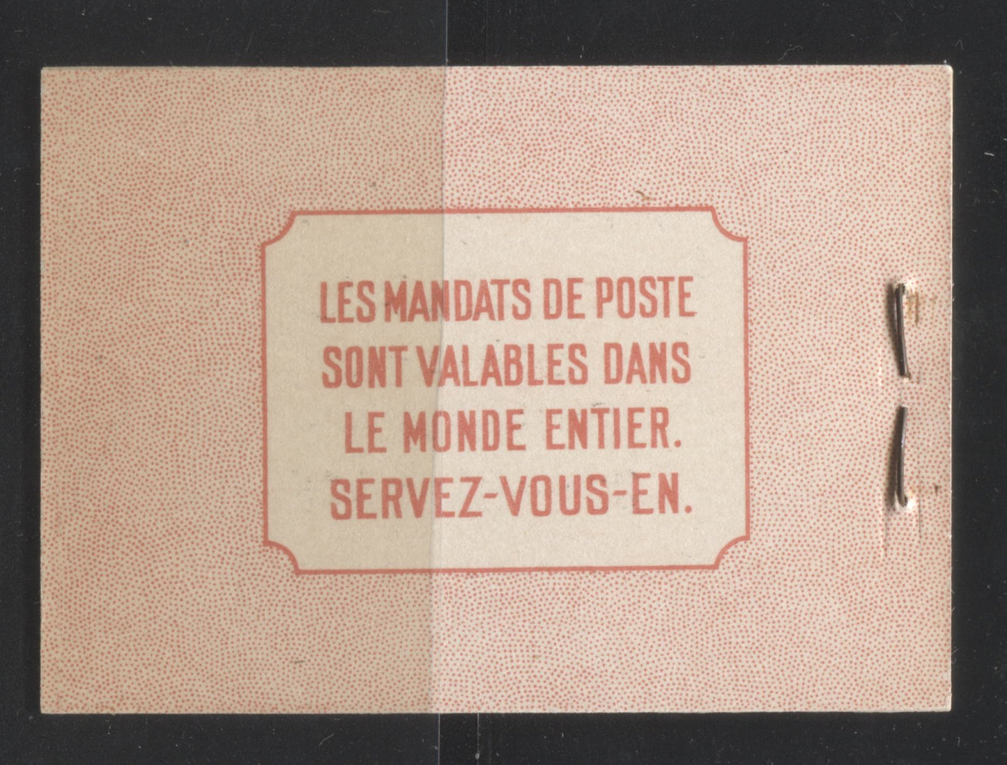 Lot 245 Canada #BK34d (McCann #34h) 1942-1949 War Issue, Complete 25¢ French Booklet, Smooth Vertical Wove Paper, Type II Covers, Harris Front Cover Type IIo, Back Cover Type B, 17 mm Staple, Surcharged Rate Page