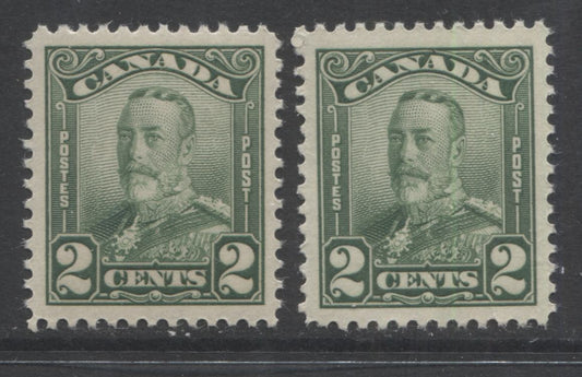 Lot 246 Canada #150 2c Green King George V, 1928-1928 Scroll Issue, 2 VFNH Singles, Two Shades