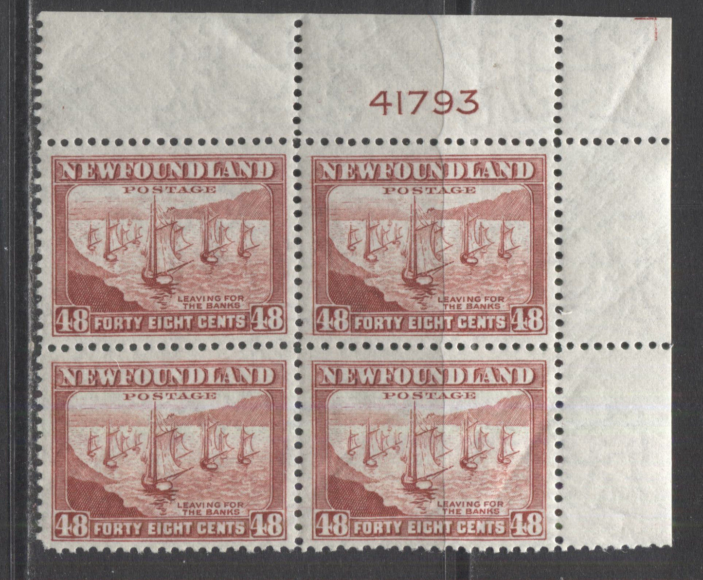 Lot 246 Newfoundland #266 48c Red Brown Fishing Fleet, 1941-1944 Resources Re-Issue, A VFNH UR Plate 41793 Block Of 4