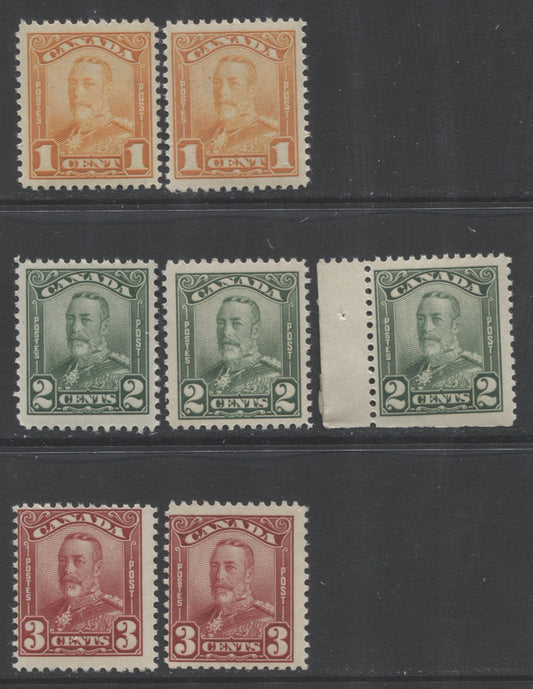 Lot 247 Canada #149-151, 150as 1c - 3c Orange - Dark Carmine King George V, 1928-1928 Scroll Issue, 7 Fine NH Singles With Different Shades