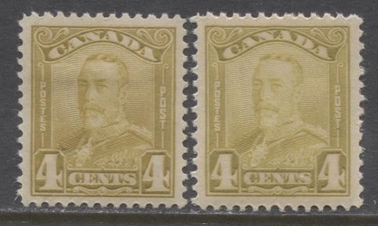 Lot 248 Canada #152 4c Greenish Bistre Yellow & Bistre Yellow (Bistre) King George V, 1928-1928 Scroll Issue, 2 VFOG Singles