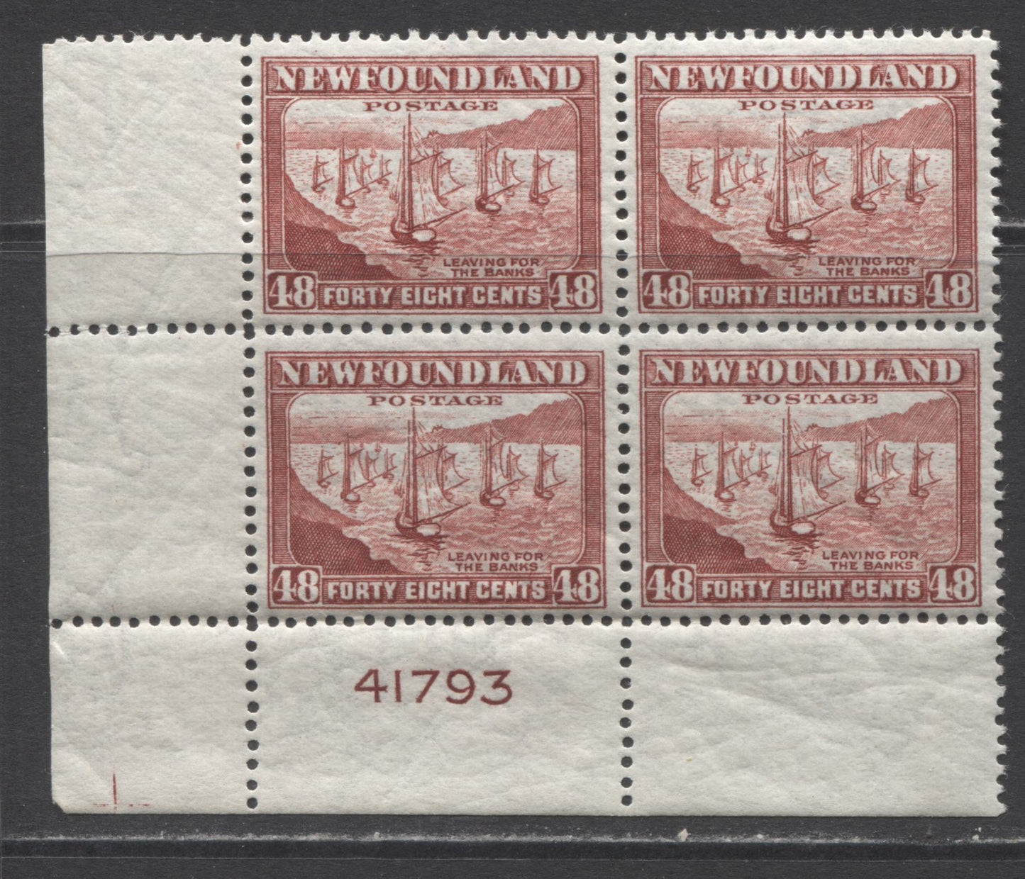 Lot 248 Newfoundland #266 48c Red Brown Fishing Fleet, 1941-1944 Resources Re-Issue, A VFNH LL Plate 41793 Block Of 4