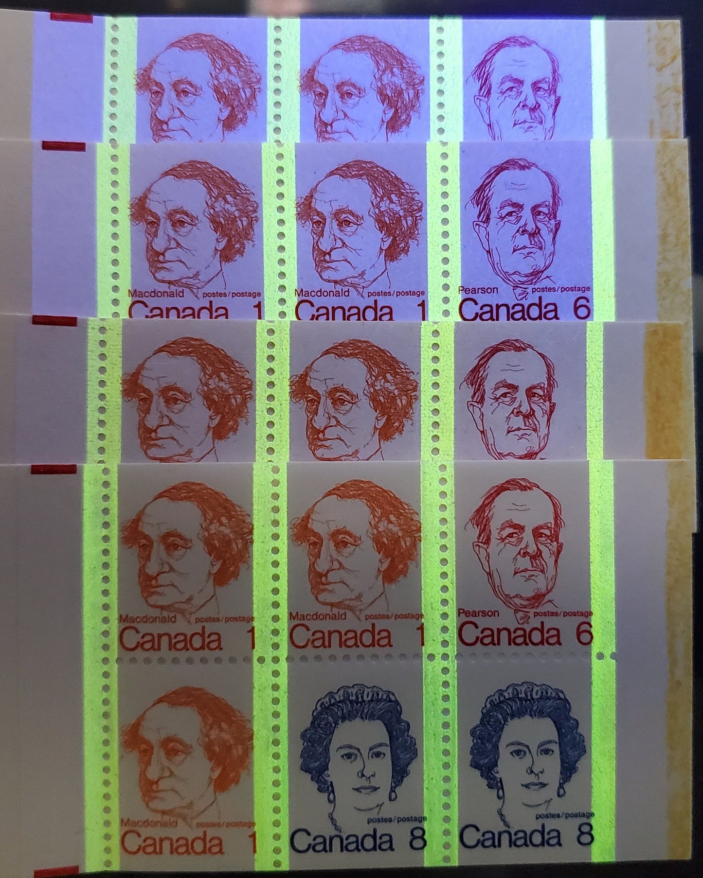 Canada McCann #BK74h,aa,agi 1972-1978 Caricature Issue, 4 Complete 25c Booklets, DF Covers, NF/NF, DF/DF, MF/MF & HF/HF Papers