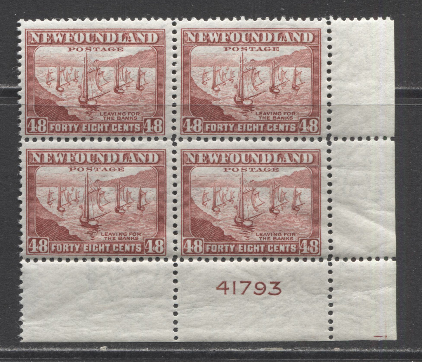 Lot 249 Newfoundland #266 48c Red Brown Fishing Fleet, 1941-1944 Resources Re-Issue, A FNH LR Plate 41793 Block Of 4