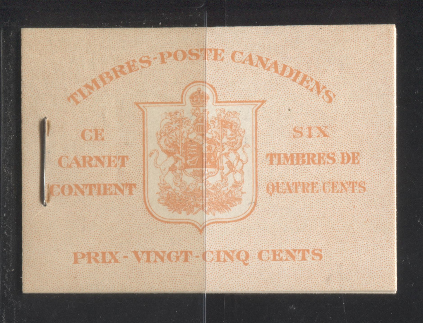 Lot 250 Canada #BK36d 1942-1949 War Issue, Complete 25¢ French Booklet,  Rate Page With 7¢ and 6¢ Rates,  17 mm Staple,  Horizontal Ribbed Paper, Type 2 Cover, Front Cover Type IIu, Back Cover Type Div