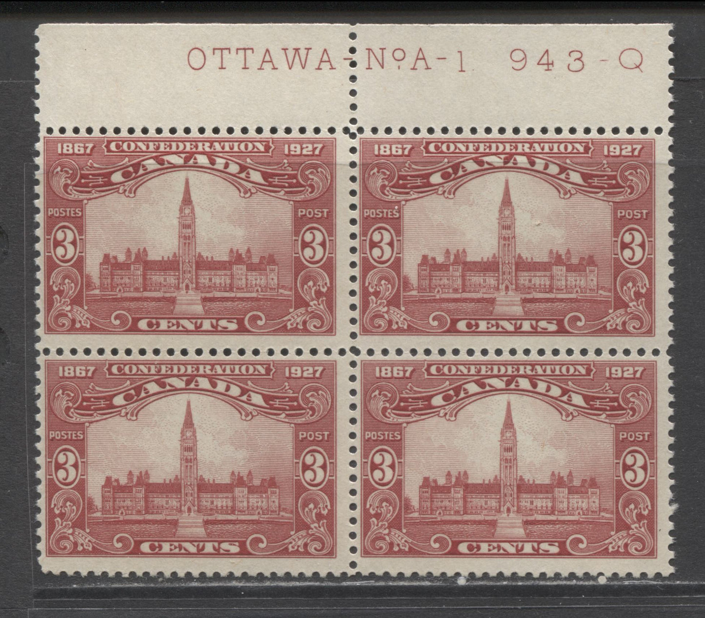 Lot 250 Canada #143 3c Brown Carmine Parliament Building, 1927 60th Anniversary Of Confederation Issue, A FNH/LH Top Plate A-1 Block Of 4