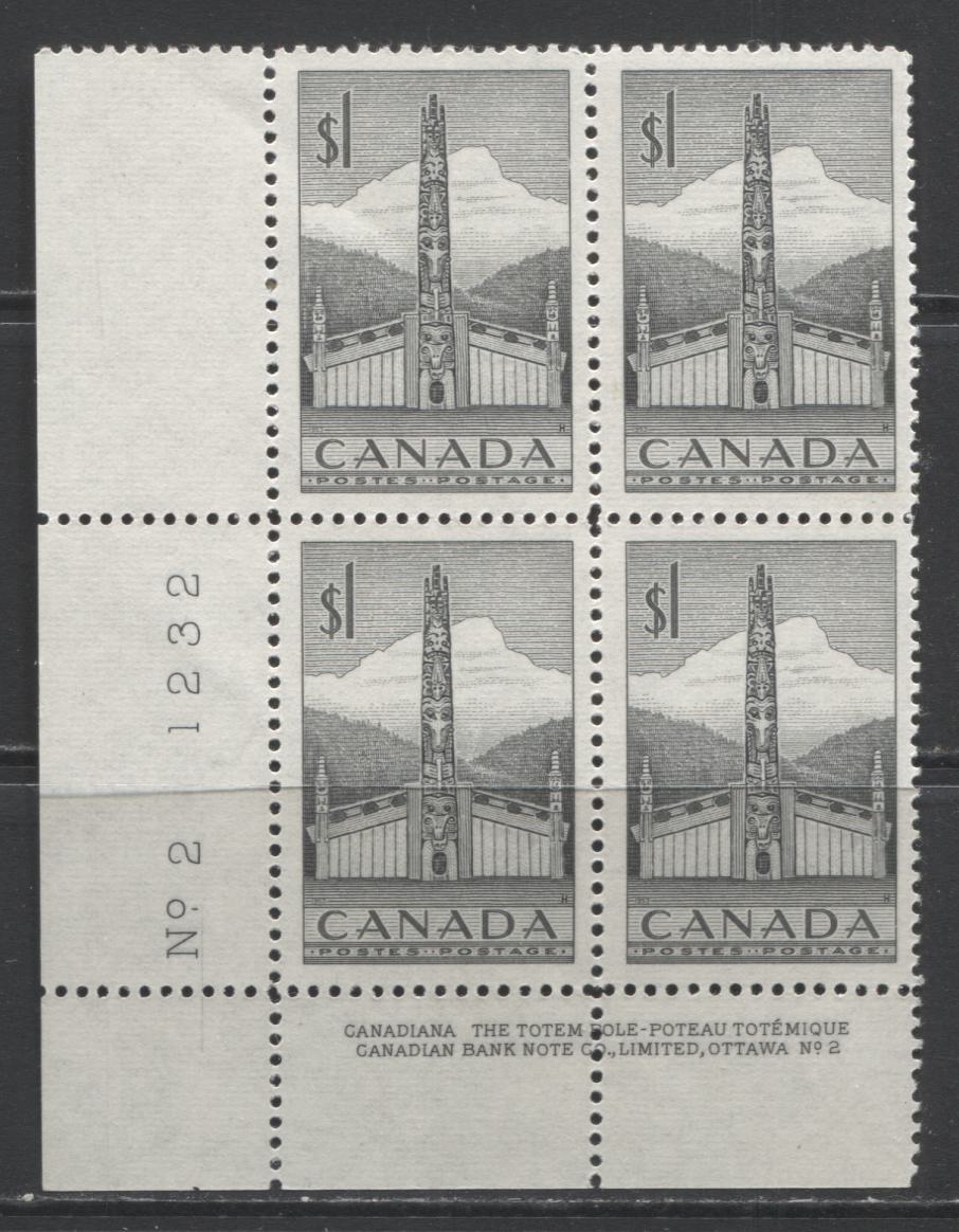 Lot 25 Canada #321 $1 Gray Totem Pole, 1953 Totem Pole Issue, A VFNH LL Plate 2 Block Of 4