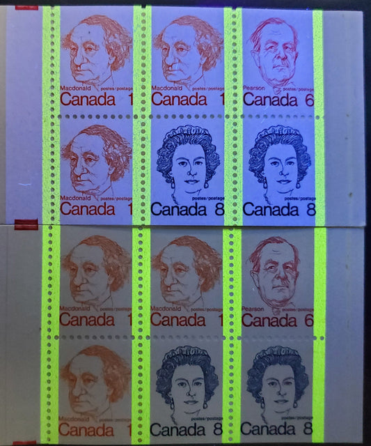 Canada #BK74k,i 1972-1978 Caricature Issue, 2 Complete 25c Booklet, LF Covers, NF/NF & HF/HF Ribbed Pane, Unlisted Booklet Varieties