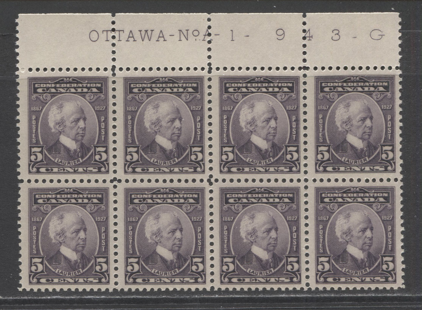 Lot 251 Canada #144 5c Violet Sir Wilfrid Laurier, 1927 60th Anniversary Of Confederation Issue, A VFNH Top Plate A-1 Block Of 8