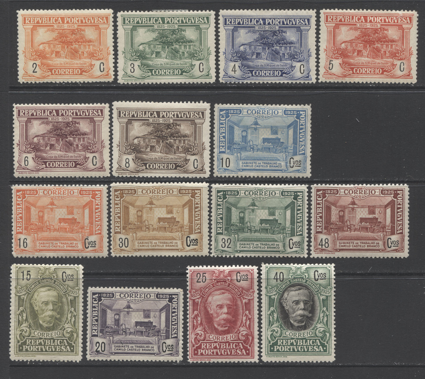 Lot 145 Portugal SC#346-360, 1925 Camillo-Castello-Branco Issue, A Fine/Very Fine OG Short Set Up Until The 48c Red Brown, Perf 12.5, 2022 Scott Classic Cat $9.10 USD