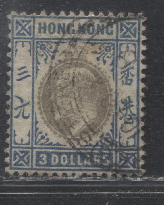 Lot 252 Hong Kong SG#74 3 Blue & Grey King Edward VII, 1902-1903 Crown CA Keyplate Issue, A VG Used Example, Multiple Crown CA Watermark, Base Shear Tear, But Still Very Presentable!