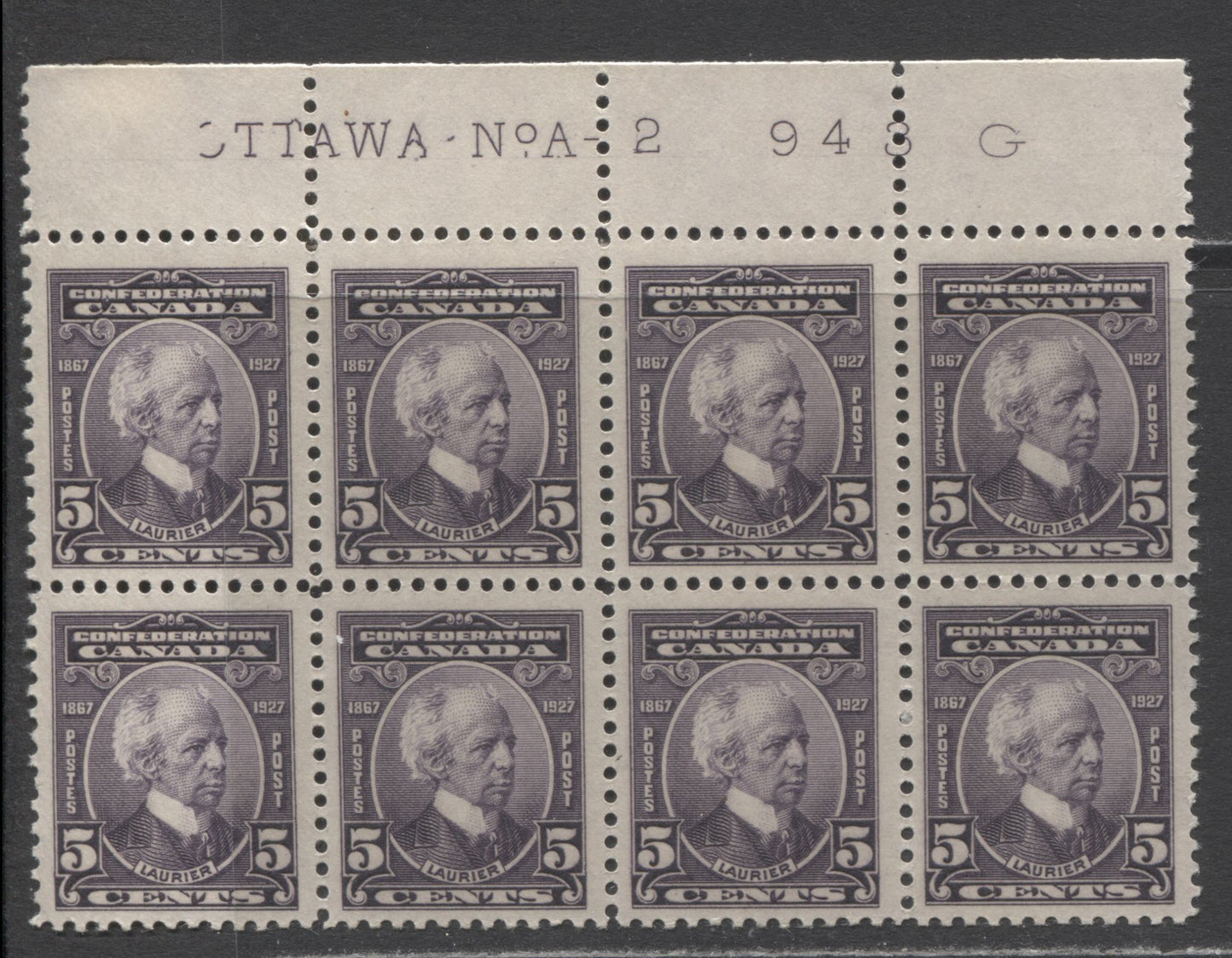 Lot 252 Canada #144 5c Violet Sir Wilfrid Laurier, 1927 60th Anniversary Of Confederation Issue, A FNH Top Plate A-2 Block Of 8