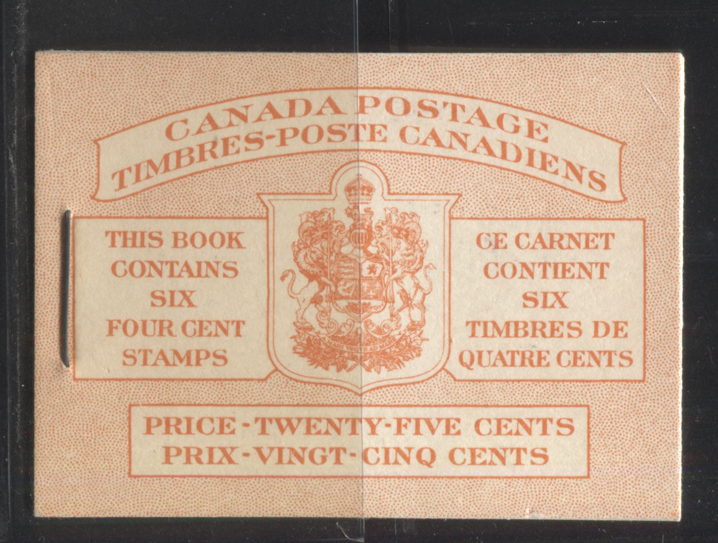 Lot 252 Canada #BK36g 1942-1949 War Issue, Complete 25¢ Bilingual Booklet,  Rate Page With 7¢ and 6¢ Rates, 17 mm Staple, Horizontal Ribbed Paper,  Type 2 Covers, Harris Front Cover IIIe, Back Cover Fb