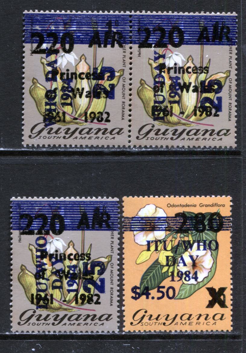 Lot 252 Guyana SC#785-788 1984 ITU/WHO Day Overprints on Surcharged Floral Definitives, A VFNH Range Of Singles, 2017 Scott Cat. $7.3 USD, Click on Listing to See ALL Pictures