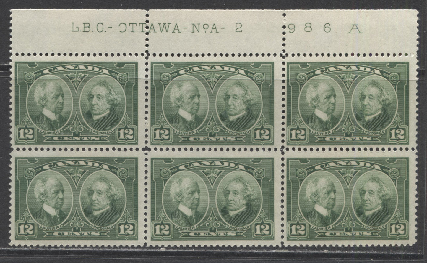 Lot 253 Canada #147 12c Green Laurier & Macdonald, 1927 Historical Issue, A FNH Top A-2 Plate Block Of 6